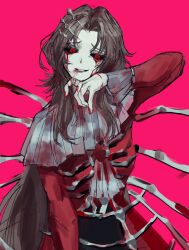Rule 34 | 1girl, black sclera, bone, brown hair, chanil (muexlku), colored sclera, dress, e.g.o (project moon), hair ornament, hairpin, highres, limbus company, long hair, long sleeves, looking at viewer, project moon, red background, red dress, red eyes, rodion (project moon), simple background, smile, smirk, solo, very long hair