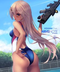 Rule 34 | 1girl, :q, adjusting clothes, adjusting swimsuit, arms note, artist name, ass, back cutout, bad id, bad twitter id, bare arms, bare shoulders, blonde hair, blue one-piece swimsuit, blue sky, breasts, clothing cutout, cloud, commentary, commentary request, competition swimsuit, contrail, copyright name, day, dutch angle, fence, from behind, fukai ryosuke, gun, hair between eyes, hair ornament, highleg, highleg swimsuit, holding, holding gun, holding weapon, long hair, looking back, one-piece swimsuit, orange eyes, original, pool, poolside, signature, sky, small breasts, solo, striped, swimming club kouhai (fukai ryousuke), swimsuit, tan, tanline, thighs, tongue, tongue out, vertical stripes, very long hair, water, weapon, weapon request