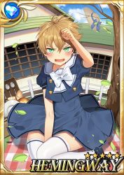 Rule 34 | 1boy, aged down, angry, annoyed, blonde hair, blue eyes, blush, carchet, card (medium), character name, child, crossdressing, day, dress, embarrassed, hair between eyes, hemingway (sid story), male focus, outdoors, sid story, sky, solo, thighhighs, trap, white thighhighs
