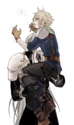 Rule 34 | !?, 2boys, armor, belt, black gloves, black jacket, black pants, black sleeves, blonde hair, blue eyes, blue shirt, blush, boots, bracer, brown footwear, brown gloves, cloud strife, coat, embarrassed, final fantasy, final fantasy vii, gloves, green scarf, grey hair, hand on another&#039;s hip, hand on another&#039;s leg, hands up, high collar, highres, holding, implied yaoi, jacket, knee guards, leather, leather belt, lifting person, long hair, long sleeves, lydiaaa, male focus, messy hair, military uniform, multiple boys, open mouth, pants, pauldrons, scarf, sephiroth, shaking, shirt, short hair, shoulder armor, suspenders, uniform, white hair, yaoi