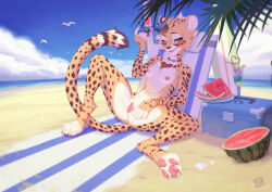 Rule 34 | 1girl, :3, animal feet, animal hands, animal nose, anus, anus peek, artist name, aviator sunglasses, barefoot, beach, beach chair, bird, black-framed eyewear, blue sky, blush, body fur, breasts, brown fur, cheetah ears, cheetah girl, cheetah tail, claws, clitoral hood, clitoris, closed mouth, cloud, collarbone, completely nude, cooler, crazy straw, cup, day, digitigrade, dirty, dirty feet, drink, drinking glass, drinking straw, feet, female focus, food, fruit, furry, furry female, green eyes, half-closed eye, hand up, happy, highres, holding, holding removed eyewear, horizon, ice, ice cube, knee up, leaf, legs, lemon, lemon slice, lin mzhh, looking at viewer, multicolored fur, navel, nipples, nude, nyx (lin mzhh), ocean, one eye closed, original, outdoors, palm leaf, pawpads, presenting, pussy, pussy juice, raised eyebrow, reclining, sand, seagull, seashell, shell, signature, sky, small breasts, smile, solo, spotted fur, spotted tail, spread legs, spread pussy, stomach, sunglasses, surfboard, tail raised, thighs, tongue, tongue out, uncensored, unworn eyewear, urethra, watermelon, watermelon slice, white fur, wink, yellow fur