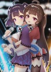 Rule 34 | 2girls, absurdres, ahoge, alternate costume, ass, azur lane, behind another, black legwear, blunt bangs, blunt ends, blurry, blurry background, blush, breasts, brown hair, closed mouth, cowboy shot, dress, from side, glowstick, hairband, hand up, headphones, headphones around neck, highres, holding, holding microphone, karu (ricardo 2628), long hair, looking at viewer, medium breasts, medium hair, microphone, multiple girls, ning hai (azur lane), ning hai (dragon sisters! -n) (azur lane), no bra, open mouth, ping hai (azur lane), ping hai (dragon sisters! -p) (azur lane), pleated skirt, purple eyes, purple hair, purple skirt, raised eyebrows, red dress, red eyes, round teeth, see-through, shiny skin, short sleeves, sidelocks, single thighhigh, skirt, smile, sparkle, stage lights, standing, teeth, thighhighs, thighs, tongue, two-tone dress, underboob, very long hair, white dress, white hairband, wide sleeves, wireless