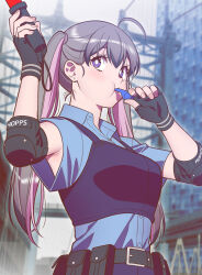 Rule 34 | 1girl, ahoge, andrian januar adilia, armpits, black gloves, blowing whistle, blue shirt, breasts, collared shirt, commentary, elbow pads, english commentary, fingerless gloves, gloves, grey hair, highres, humanization, judy hopps, long hair, looking at viewer, medium breasts, multicolored hair, pink hair, police, police uniform, policewoman, purple eyes, shirt, short sleeves, solo, streaked hair, twintails, uniform, upper body, whistle, zootopia