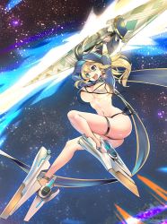 Rule 34 | 1girl, ahoge, armored boots, arms up, artoria pendragon (fate), ass, baseball cap, bikini, blonde hair, blue eyes, blue hat, blue scarf, blush, boots, breasts, cleavage, fate/grand order, fate (series), hair between eyes, hat, high heel boots, high heels, hip focus, lance, large breasts, legs, long hair, mysterious heroine x (fate), mysterious heroine xx (fate), navel, open mouth, polearm, ponytail, scarf, shrug (clothing), side-tie bikini bottom, smile, solo, space, star (sky), swimsuit, teddy (khanshin), thigh strap, thighs, twinmyniad (fate), untied bikini, weapon, white bikini