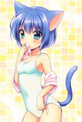 Rule 34 | 1girl, animal ears, blue eyes, blue hair, cat ears, cat tail, holding, matching hair/eyes, one-piece swimsuit, onka, original, short hair, solo, swimsuit, tail, towel, usashiro mani, white one-piece swimsuit
