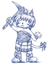 Rule 34 | . ., 00s, 1girl, animal ears, bare shoulders, blue theme, boots, cat, cat ears, cat tail, child, female focus, final fantasy, final fantasy xi, full body, kitten, lowres, mithra (ff11), monochrome, pickaxe, ribbon, short hair, sleeveless, solo, tail, tail ornament, tail ribbon, white background, wrist cuffs