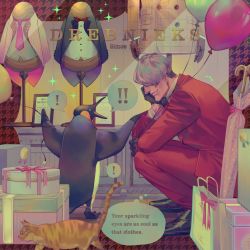 Rule 34 | !, !!, 1boy, animal, balloon, bird, black footwear, black gloves, box, cat, closed mouth, formal, gift, gift box, gloves, grey hair, hair between eyes, hand on own cheek, hand on own face, head rest, highres, holding, holding balloon, jacket, male focus, original, pants, penguin, red jacket, red pants, red suit, short hair, smile, squatting, suit, ueno kishi