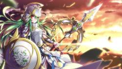 Rule 34 | 1girl, armor, athena (p&amp;d), green hair, helmet, highres, hong (white spider), left-handed, left-to-right manga, long hair, polearm, puzzle &amp; dragons, red eyes, reina (black spider), shield, smile, solo, spear, weapon