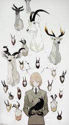 Rule 34 | 10s, 1boy, akechi gorou, animal skull, badge, bird, black gloves, black necktie, blazer, brown hair, buttons, closed mouth, collared shirt, crow, deer head, dress shirt, gloves, grey background, hair between eyes, highres, holding, jacket, kaninn, long sleeves, looking at viewer, male focus, necktie, persona, persona 5, rabbit head, raven, red eyes, shirt, signature, smile, solo, striped clothes, striped necktie, striped neckwear, taxidermy, trophy head, twitter username, upper body, vertical-striped clothes, vertical-striped necktie, white shirt
