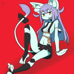 Rule 34 | 1girl, arm support, black skirt, cat, female focus, furry, furry female, long hair, microskirt, navel, open mouth, purple hair, red background, simple background, sitting, skirt, solo, tail, the amboina, yellow eyes