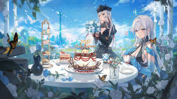 Rule 34 | 2girls, ahoge, bare shoulders, black dress, black headwear, bouquet, breasts, bug, butterfly, cake, claudia (tower of fantasy), cup, day, dress, flower, food, gradient skin, grey eyes, grin, halo, hat, highres, holding, holding bouquet, insect, long hair, long sleeves, looking at viewer, medium breasts, meryl (tower of fantasy), multicolored hair, multiple girls, outdoors, peaked cap, red eyes, sitting, sleeveless, sleeveless dress, smile, standing, streaked hair, table, teacup, tiered tray, tower of fantasy, ttosom, vase, white hair