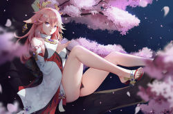 Rule 34 | 1girl, animal ears, bare legs, blurry, blurry foreground, branch, cherry blossoms, cherry tree, closed mouth, detached sleeves, earrings, falling petals, fox ears, genshin impact, hair between eyes, hair ornament, in tree, jewelry, long hair, looking at viewer, night, night sky, pendant, petals, pink hair, purple eyes, sandals, shirt, sitting, sitting in tree, sky, sleeveless, sleeveless shirt, solo, thighs, toes, tree, vision (genshin impact), white shirt, wide sleeves, y.i. (lave2217), yae miko