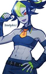 Rule 34 | 1girl, :d, aknsnmg, bare shoulders, belt, blue hair, blue pants, brachydios, breasts, character name, colored sclera, colored skin, commentary request, cropped legs, detached collar, fingerless gloves, gloves, green hair, green nails, grey sclera, grey skin, hand wraps, high ponytail, highres, looking to the side, medium breasts, monster hunter (series), multicolored hair, muscular, muscular female, navel, necktie, open mouth, orange necktie, pants, personification, pointing, pointing at self, pointy ears, ponytail, purple mouth, red eyes, smile, solo, stomach, strapless, tube top, two-tone hair