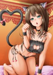 Rule 34 | 10s, 1girl, :o, all fours, alternate costume, animal ears, aqua eyes, barefoot, bell, black panties, blush, bow, brown hair, cat cutout, cat ear panties, cat ears, cat lingerie, cat tail, choker, cleavage cutout, clothing cutout, frills, heart, heart tail, highres, idolmaster, idolmaster cinderella girls, jewelry, jingle bell, kuria (clear trip second), long hair, looking at viewer, meme attire, navel, navel piercing, neck bell, on bed, panties, paw pose, piercing, shibuya rin, side-tie panties, solo, stomach, tail, tail bow, tail ornament, underwear, underwear only, wrist cuffs