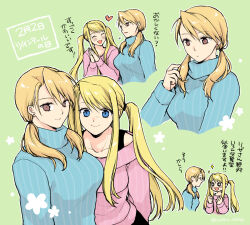 Rule 34 | &gt; &lt;, 2girls, :d, > <, alternate costume, alternate hairstyle, blonde hair, blue eyes, blue sweater, breasts, brown eyes, closed mouth, commentary request, fullmetal alchemist, green background, long sleeves, looking at viewer, medium breasts, multiple girls, open mouth, pink sweater, riza hawkeye, smile, sweater, takafuji yuna, translation request, turtleneck, turtleneck sweater, twintails, winry rockbell, xd