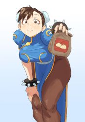Rule 34 | 1girl, absurdres, bent over, breasts, brown hair, capcom, chinese clothes, chun-li, double bun, eyeliner, hair bun, highres, karu 184, looking at viewer, makeup, pantyhose, smile, solo, street fighter