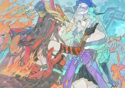 Rule 34 | 2girls, aoandon, black hair, blue eyes, elbow gloves, eye contact, facial mark, fire, from behind, gloves, hair ornament, hand up, hououka (onmyoji), japanese clothes, long hair, looking at another, multiple girls, onmyoji, outstretched hand, partially fingerless gloves, qiqu, smile, torii, white hair