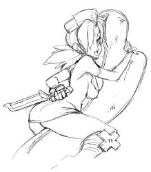 Rule 34 | + +, 1girl, ass, body bag, bonesaw, looking at viewer, looking back, mask, mask around neck, monochrome, open mouth, ponytail, saliva, saliva trail, saw, sketch, skullgirls, smile, straddling, tongue, tongue out, valentine (skullgirls)