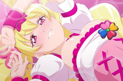 Rule 34 | 1girl, blonde hair, choker, cure peach, fresh precure!, fuchi (nightmare), hair ornament, heart, heart hair ornament, long hair, looking at viewer, lying, magical girl, momozono love, on back, pink choker, pink eyes, precure, puffy short sleeves, puffy sleeves, short sleeves, smile, solo, twintails, wrist cuffs