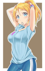 Rule 34 | 10s, 1girl, arms up, ayase eli, bike shorts, blonde hair, blue eyes, blue shirt, blue shorts, blush, breasts, brown background, clothes writing, collarbone, hair between eyes, hair tie, looking at viewer, love live!, love live! school idol festival, love live! school idol project, medium breasts, mouth hold, outside border, ponytail, sagamiya (sgmy777), shirt, short sleeves, shorts, solo, t-shirt, wristband