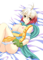 Rule 34 | 1girl, breasts, clothes pull, lying, multicolored hair, nipples, on back, open mouth, panties, panty pull, pascal (tales), pascal (tales), scarf, shirt pull, solo, tales of (series), tales of graces, underwear, yellow eyes