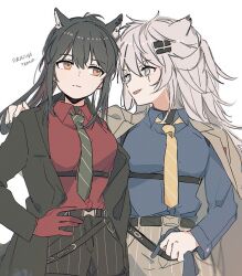 Rule 34 | 2girls, animal ear fluff, animal ears, arknights, arm around shoulder, belt, black belt, black hair, black jacket, black shorts, blue shirt, breasts, brown jacket, brown necktie, brown shorts, closed mouth, collared shirt, ear piercing, english text, gloves, grey eyes, hair between eyes, hair ornament, hairclip, hand on another&#039;s shoulder, hand on own hip, holding, holding clothes, holding gloves, jacket, lappland (arknights), long hair, long sleeves, looking at another, looking to the side, medium breasts, messy hair, multicolored hair, multiple girls, necktie, official alternate costume, open clothes, open jacket, orange eyes, piercing, ponytail, red gloves, red hair, red shirt, scar, scar on face, seri (vyrlw), shirt, shorts, sidelocks, simple background, smile, striped clothes, striped necktie, striped shorts, texas (arknights), texas (willpower) (arknights), two-tone hair, unworn gloves, white background, wolf ears, wolf girl, yellow necktie, yuri