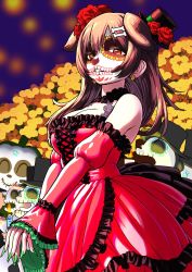 Rule 34 | 1girl, 4others, animal ears, bone hair ornament, breasts, brown hair, calavera, candle, cane, cleavage, commentary request, cross-laced clothes, detached sleeves, dia de muertos, dog ears, dog girl, dress, earrings, facepaint, flower, green nails, hair flower, hair ornament, hat, highres, hololive, inugami korone, jewelry, large breasts, listener (inugami korone), mini hat, multiple others, nail polish, orange eyes, red dress, sabaku chitai, skull earrings, top hat, virtual youtuber