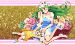 Rule 34 | 2girls, :d, absurdres, alternate costume, bleach, blue dress, breasts, collarbone, dress, dual persona, flower, green hair, head tilt, highres, huge filesize, lap pillow, large breasts, looking at viewer, lying, multiple girls, nelliel tu odelschwanck, on back, on lap, open mouth, outstretched arms, scar, scar on face, short hair, sitting, skull on head, smile, tsukizawr, white footwear, yellow dress, yellow eyes