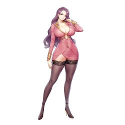 Rule 34 | 1girl, black thighhighs, breasts, cleavage, dress, earrings, full body, game cg, grin, high heels, highres, huge breasts, jewelry, kakiman, last origin, lemonade alpha, long sleeves, looking at viewer, mole, mole under eye, official art, pink dress, purple hair, red eyes, short dress, smile, solo, tachi-e, thighhighs, thighs, transparent background