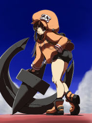 Rule 34 | 1girl, anchor, arc system works, ass, bare legs, bike shorts, boots, breasts, brown eyes, brown hair, guilty gear, guilty gear strive, hat, highres, huge weapon, leaning, leaning forward, long hair, looking at viewer, may (guilty gear), parka, pirate, pirate hat, shiny skin, short shorts, shorts, smile, solo, tamotsukun, very long hair, weapon