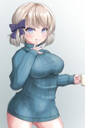 Rule 34 | 1girl, alternate breast size, azur lane, blue sweater, bottomless, bow, breasts, brown hair, cowboy shot, cup, hair bow, highres, holding, holding cup, large breasts, long sleeves, looking at viewer, mug, oppai loli, purple bow, purple eyes, ribbed sweater, short hair, sigeranai, smile, solo, sweater, tongue, tongue out, z23 (azur lane)