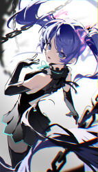 Rule 34 | 1girl, absurdres, back cutout, black dress, black gloves, black thighhighs, blue eyes, blue hair, blue ribbon, chain, chromatic aberration, clothing cutout, commentary, dress, elbow gloves, floating hair, ghost rule (vocaloid), gloves, hatsune miku, highres, jiu ye sang, long hair, looking at viewer, looking back, neck ribbon, open mouth, pleated dress, ribbon, short dress, sleeveless, sleeveless dress, solo, standing, thighhighs, twintails, very long hair, vocaloid, zettai ryouiki