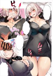Rule 34 | bar censor, bed, bed sheet, black dress, blue jacket, blush, grabbing another&#039;s breast, breasts, censored, cleavage, closed mouth, dress, erection, fate/grand order, fate (series), fur collar, fur trim, grabbing, hair between eyes, highres, jacket, jeanne d&#039;arc (fate), jeanne d&#039;arc alter (fate), jeanne d&#039;arc alter (ver. shinjuku 1999) (fate), jewelry, large breasts, lying, marushin (denwa0214), necklace, official alternate costume, on back, open mouth, penis, pillow, short dress, short hair, sideboob, silver hair, sweatdrop, yellow eyes