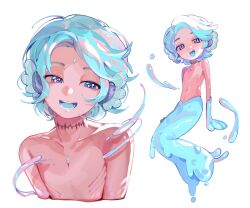 Rule 34 | 1boy, :d, absurdres, arm support, blue eyes, blue hair, blue tongue, chest jewel, chinese commentary, collarbone, colored tongue, commentary request, cropped torso, eromkk, fins, full body, gills, head fins, highres, looking at viewer, male focus, merman, monster boy, multiple views, navel, neck tattoo, open mouth, original, short hair, simple background, sitting, slime (substance), smile, swept bangs, tattoo, upper body, white background