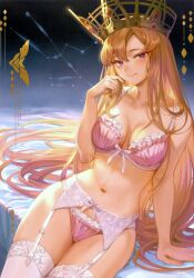 Rule 34 | 1girl, absurdres, arm support, bare arms, blonde hair, bow, bow bra, bow panties, bra, breasts, closed mouth, crown, europa (fate), fate/grand order, fate (series), garter belt, garter straps, gradient background, hand up, highres, lingerie, long hair, looking at viewer, mashuu (neko no oyashiro), medium breasts, navel, panties, purple eyes, ribbon, scan, simple background, sitting, smile, solo, stomach, thighhighs, thighs, underwear, very long hair