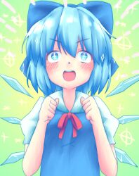 Rule 34 | 1girl, blue bow, blue eyes, blue hair, blush, bow, cirno, detached wings, gradient background, green background, hair bow, happy, kisamu (ksmz), looking at viewer, neck ribbon, one-hour drawing challenge, open mouth, puffy short sleeves, puffy sleeves, red ribbon, ribbon, shirt, short sleeves, simple background, solo, teeth, touhou, upper body, upper teeth only, v-shaped eyebrows, white shirt, wings