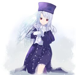 Rule 34 | 1girl, closed mouth, cofffee, dress, fate/stay night, fate (series), full body, gloves, hat, highres, illyasviel von einzbern, long hair, long sleeves, looking at viewer, magic circle, red eyes, scarf, snowing, solo, white hair