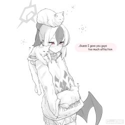 Rule 34 | 1girl, animal, animal on head, animal on shoulder, blue archive, cat, cat on head, cat on shoulder, closed mouth, cowboy shot, english text, hair between eyes, hair ornament, hairclip, halo, heart, highres, hood, hood down, hoodie, kayoko (blue archive), kenatosne, low wings, multicolored hair, on head, red eyes, single wing, skirt, smile, speech bubble, two-tone hair, wings