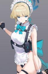 Rule 34 | 1girl, absurdres, apron, bare shoulders, black gloves, black leotard, blonde hair, blue archive, blue bow, blue bowtie, blue eyes, blush, bow, bowtie, breasts, chest harness, earpiece, fingerless gloves, gloves, halo, harness, highleg, highleg leotard, highres, leotard, looking at viewer, maid headdress, pouch, short hair, sleeveless turtleneck leotard, small breasts, solo, thigh strap, thighs, toki (blue archive), white apron, yuebaihezi