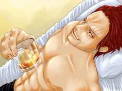 Rule 34 | 1boy, abs, amputee, drink, glass, ice, ice cube, male focus, noenga, one piece, red hair, scar, shanks (one piece), topless male, solo, x (symbol)