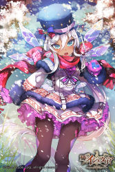Rule 34 | 1girl, age of ishtaria, blue eyes, bow, company name, copyright name, copyright notice, dark-skinned female, dark skin, full body, fur trim, gloves, grass, hair between eyes, hat, highres, ice, kanola u, leaf, long hair, official art, open mouth, panties, scarf, shalgiel, sky, snow, snowflakes, solo, teeth, tree, underwear, wand, white hair