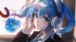 Rule 34 | 1girl, absurdres, arahashi tabi, bbeedol, black jacket, blazer, blue eyes, blue hair, blue ribbon, blush, buttoned cuffs, buttons, collared shirt, english text, hair between eyes, headphones, highres, indoors, jacket, korean commentary, long hair, long sleeves, looking at viewer, neck ribbon, open mouth, ribbon, shirt, sidelocks, stellive, twintails, upper body, virtual youtuber, white shirt, window