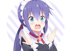 Rule 34 | 1girl, alternate costume, black dress, blue eyes, blue hair, blush, commentary request, derivative work, diagonal stripes, dress, enmaided, hair between eyes, hair ribbon, koisuru asteroid, long hair, long sleeves, low twintails, maid, maid headdress, manaka ao, open mouth, red eyes, red ribbon, ribbon, sidelocks, solo, striped, striped background, twintails, upper body, wavy mouth, white background, yutsuki warabi