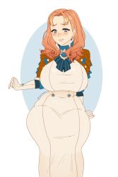 Rule 34 | 1girl, absurdres, alternate breast size, annette fantine dominic, blush, breasts, capelet, cryptid crab, dress, fire emblem, fire emblem: three houses, highres, huge breasts, lips, mature female, mature female, narrow waist, nintendo, orange hair, plump, simple background, sitting, smile, solo, thick thighs, thighs, wide hips