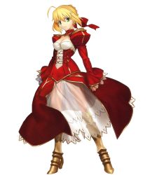Rule 34 | 10s, 1girl, armor, armored boots, blonde hair, boots, breasts, cleavage, dress, fate/extra, fate (series), full body, green eyes, highres, medium breasts, nero claudius (fate), nero claudius (fate) (all), nero claudius (fate/extra), official art, red dress, red ribbon, ribbon, see-through, solo, takeuchi takashi, transparent background