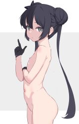 Rule 34 | 1girl, absurdres, armpit crease, belly, black gloves, black hair, blue archive, braid, braided bun, breasts, butterfly hair ornament, cowboy shot, crossed arms, double bun, expressionless, finger gun, from side, gloves, grey eyes, hair bun, hair ornament, half gloves, highres, kisaki (blue archive), long hair, looking at viewer, looking to the side, nakoni (solalalala), narrow waist, navel, nipples, nude, simple background, small breasts, solo, standing, stomach, twintails, white background, wide hips