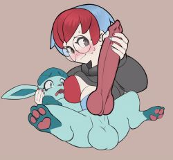 Rule 34 | 1boy, 1girl, animal penis, animated, animated gif, bestiality, black hoodie, black shirt, blush, breasts, creatures (company), erection, fangs, game freak, gen 4 pokemon, glaceon, glasses, handjob, heart, heart-shaped pupils, hood, hoodie, knotted penis, nail polish, nintendo, open mouth, pawpads, penis, penny (pokemon), pokemon, pokephilia, shirt, smile, smugbluefaun, sweat, symbol-shaped pupils, testicles