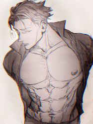 Rule 34 | 1boy, abs, absurdres, collarbone, collared shirt, commentary, greyscale, highres, jujutsu kaisen, large pectorals, looking at viewer, male focus, monochrome, muscular, muscular male, nanami kento, nekonii, open clothes, open shirt, pectorals, shirt, short hair, sketch, solo, symbol-only commentary, upper body
