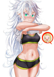Rule 34 | 2girls, artist name, black shorts, black sports bra, blonde hair, blush, closed mouth, clothes lift, commentary, cowboy shot, dolphin shorts, elf, embarrassed, green eyes, highres, inset, kein hasegawa, lifted by self, long hair, looking at viewer, midriff, multiple girls, navel, original, pointy ears, saliva, shirt lift, short shorts, shorts, signature, simple background, smile, solo focus, speech bubble, sports bra, standing, stomach, undressing, very long hair, white background, white hair