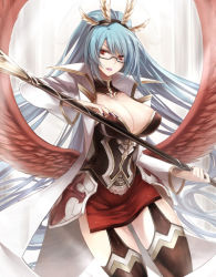 Rule 34 | 10s, angel feather, blue hair, cardfight!! vanguard, coat, crimson impact metatron, glasses, headband, long hair, looking at viewer, miniskirt, polearm, skirt, spear, thighhighs, weapon, wings